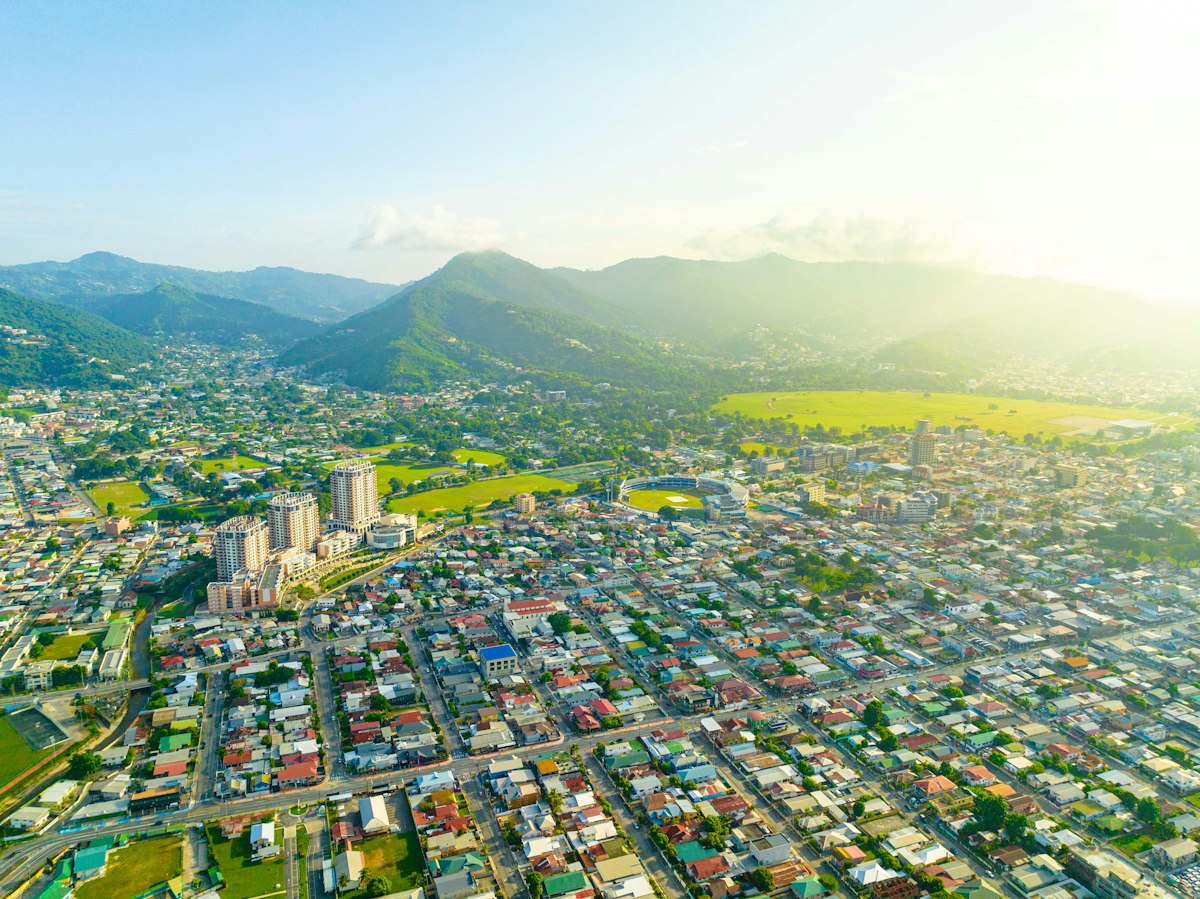 Residential streets in Woodbrook, Trinidad, with the Northern Range beyond